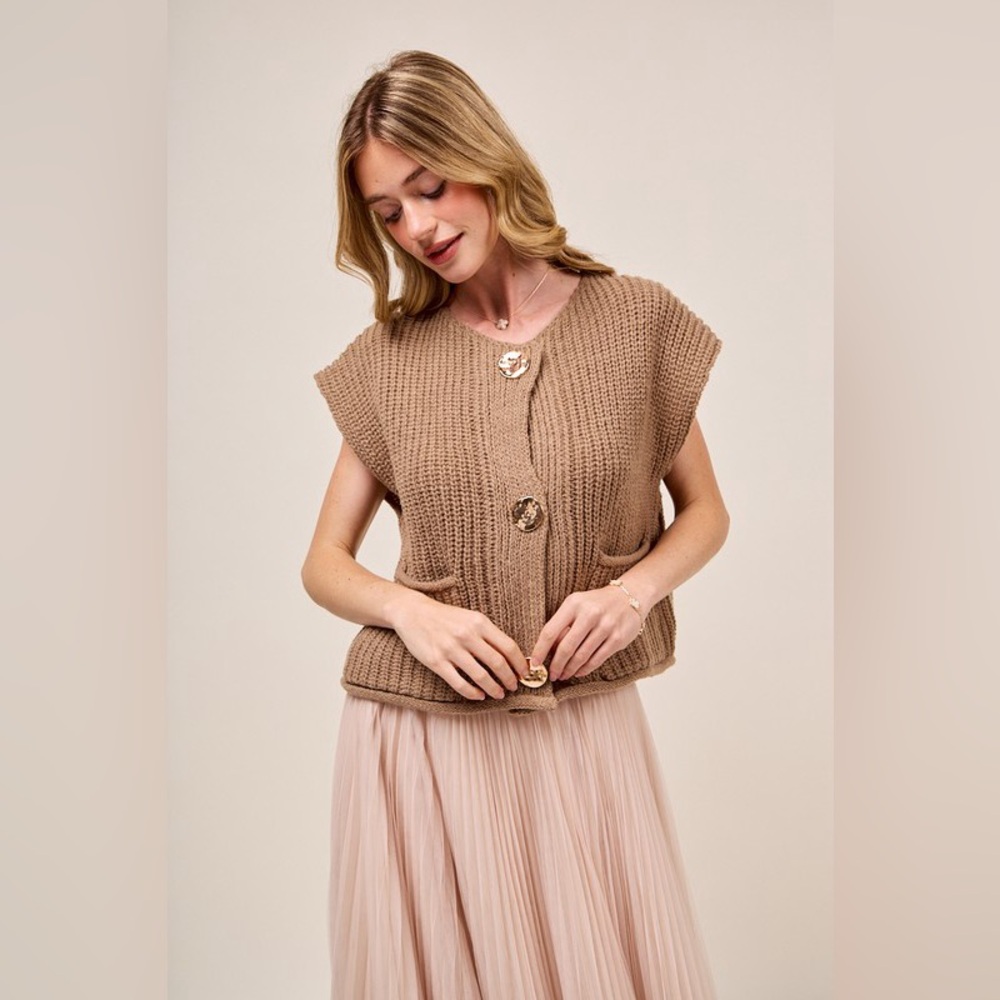 #64 Coffee Gold Button Sweater Vest-LAST ONE - Picture 3 of 6